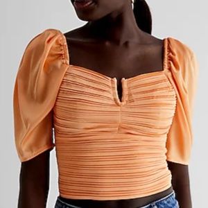 Express Satin V-Bar Puff Sleeve Ruched Pleated Top Size XS